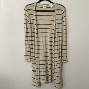 Daytrip Minimalist Chic Cozycore Slouchy Striped Cream Long Open Cardigan Small